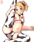  1girl alternate_costume animal_ears animal_print artist_logo bangs bell bikini blonde_hair blue_eyes butt_plug cameltoe commentary_request cow_ears cow_horns cow_print cow_tail cowbell dated fake_animal_ears fake_horns feet_out_of_frame front-tie_top horns kanon_(kurogane_knights) kantai_collection leg_up looking_at_viewer maikaze_(kancolle) micro_bikini navel one-hour_drawing_challenge parted_bangs ponytail sex_toy short_hair side-tie_bikini simple_background solo split spread_legs swimsuit tail white_background white_bikini 