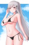  1girl absurdres azur_lane bare_shoulders bikini black_bikini black_swimsuit blue_sky blush breasts cleavage collarbone dunkerque_(azur_lane) eyebrows_visible_through_hair from_below grey_hair hand_in_hair highres long_hair looking_at_viewer medium_breasts navel ponytail purple_eyes simple_background sky solo standing swimsuit topgear 