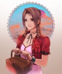  1girl aerith_gainsborough basket bow breasts brown_hair closed_mouth cropped_jacket dress final_fantasy final_fantasy_vii green_eyes hair_ribbon jacket long_hair looking_at_viewer pink_bow pink_dress ponytail ribbon smile solo tokinohiyoko 