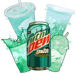  can cup disposable_cup drink drinking_straw english_commentary food_focus liquid mountain_dew no_humans soda_can sparkle studiolg taco_bell white_background 