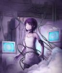  1girl asymmetrical_hair brown_eyes brown_hair cable computer dress hair_ornament hairclip iwakura_lain looking_at_viewer noruka-soruka serial_experiments_lain short_hair sleeveless solo white_dress x_hair_ornament 