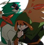  1girl adapted_costume arrow_(projectile) black_hair capelet commentary decidueye do9bessa english_commentary gardenia_(pokemon) gen_7_pokemon green_capelet hand_up hood hood_up hooded_capelet multicolored_hair orange_eyes orange_hair outstretched_arm pokemon pokemon_(creature) pokemon_(game) pokemon_dppt short_hair smile two-tone_hair watermark white_background 