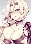  1girl bangs blush breasts carmilla_(fate) carmilla_(swimsuit_rider)_(fate) choker cleavage collarbone eyebrows_visible_through_hair fate/grand_order fate_(series) fue_(rhomphair) hair_over_shoulder heavy_breathing highres large_breasts lips long_hair open_mouth signature silver_hair smile upper_body 