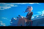  1girl bangs blue_eyes blue_sky closed_mouth cloud cloudy_sky hair_between_eyes hei_huo_chong highres honkai_(series) honkai_impact_3rd long_hair long_sleeves looking_at_viewer nun outdoors side_ponytail sitting sky solo theresa_apocalypse theresa_apocalypse_(valkyrie_pledge) white_hair 