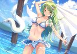  aliasing animal bikini clouds green_eyes green_hair kochiya_sanae long_hair navel roke_(taikodon) skirt sky snake swimsuit touhou water 