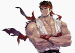  1boy bare_pectorals bare_shoulders belt black_belt brown_eyes brown_hair closed_mouth collarbone crossed_arms dougi fingerless_gloves frown gloves grey_background headband karate_gi male_cleavage male_focus muscular muscular_male pectorals privokome red_gloves red_headband ryu_(street_fighter) shirt simple_background solo street_fighter torn torn_clothes torn_shirt upper_body wind 