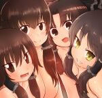  4girls bangs benikurage_(cookie) black_bow black_hair blush bow breasts brown_eyes brown_hair cleavage closed_mouth commentary_request cookie_(touhou) eyebrows_visible_through_hair fang frilled_hair_tubes frills hair_bow hair_tubes hakurei_reimu kanna_(cookie) large_breasts long_hair looking_at_viewer medium_breasts medium_hair multiple_girls nude open_mouth otemoto_(baaaaloooo) parted_bangs reu_(cookie) sananana_(cookie) smile sweat touhou upper_body yellow_eyes 