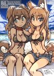  2girls animal_ear_fluff animal_ears arm_around_shoulder bangs bikini bikini_under_clothes black_bikini blonde_hair blue_eyes breasts brown_hair cleavage commission eyebrows_visible_through_hair furry green_eyes highres long_hair looking_at_viewer medium_breasts multiple_girls nancou_(nankou) navel no_shirt original pubic_tattoo shorts sitting skeb_commission swimsuit tail tattoo 