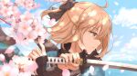  1girl ahoge branch cherry_blossoms cloud eyebrows_visible_through_hair fate/grand_order fate_(series) fighting_stance fingernails highres holding holding_sword holding_weapon katana matsuba_moco okita_souji_(fate) okita_souji_(fate)_(all) petals profile scarf smile sword weapon 