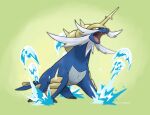  commentary do9bessa fangs gen_5_pokemon green_background no_humans open_mouth pokemon pokemon_(creature) samurott solo standing tongue water watermark 