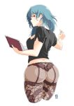  1girl alternate_eye_color ass automatic_giraffe bangs blue_eyes blue_hair book breasts byleth_(fire_emblem) byleth_(fire_emblem)_(female) chalk closed_mouth fire_emblem fire_emblem:_three_houses garter_belt hair_ornament large_breasts long_hair looking_at_viewer looking_back panties pantyhose red_eyes simple_background smile solo super_smash_bros. teacher underwear white_background 