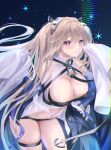  1girl absurdres anchor_symbol anchorage_(azur_lane) areola_slip areolae artist_name azur_lane bare_shoulders black_shorts bra breasts cleavage coat covered_nipples headgear highres huge_breasts huge_filesize leaning_forward light_brown_hair long_hair micro_shorts navel nipples open_clothes open_coat oversized_clothes purple_eyes shorts solo tears thigh_strap toccic underwear very_long_sleeves 
