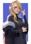  1girl alternate_costume bangs black_jacket black_sweater blonde_hair blue_background border bracelet casual commentary_request contemporary facial_mark fate/grand_order fate_(series) fur-trimmed_jacket fur_trim hair_ornament highres jacket jewelry kugatunohito licking_lips lip_piercing long_hair looking_at_viewer necklace off_shoulder open_clothes open_jacket piercing ribbed_sweater sharp_teeth solo sweater swept_bangs teeth tongue tongue_out turtleneck turtleneck_sweater upper_body very_long_hair vritra_(fate) white_border yellow_eyes 