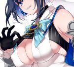  1girl armpit_crease blue_eyes blue_hair breasts cape cleavage clothes_lift covered_nipples crop_top detached_sleeves gloves grin hololive hololive_english large_breasts mamaloni ouro_kronii puffy_nipples shirt_lift short_hair simple_background smile solo upper_body virtual_youtuber white_background zipper 