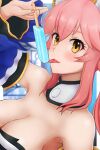  1girl animal_ear_fluff animal_ears armpits bare_shoulders blue_kimono blush detached_sleeves eyebrows_visible_through_hair fate/extella fate/extra fate/grand_order fate_(series) food fox_ears fox_girl highres ice_cream japanese_clothes kimono looking_at_viewer looking_to_the_side nail_polish pink_hair revision solo sphere-stc tamamo_(fate) tamamo_no_mae_(fate/extra) tongue tongue_out yellow_eyes 