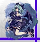  1girl absurdres bangs black_jacket black_nails blue_hair breasts bsapricot_(vtuber) cleavage english_commentary fjsk green_eyes green_hair highres horns jacket leaning_back looking_at_viewer medium_breasts multicolored_hair multiple_horns off_shoulder purple_nails second-party_source single_thighhigh smile solo spikes thigh_strap thighhighs virtual_youtuber vshojo wings 