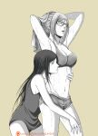  2girls armpits arms_behind_head arms_up bra closed_eyes glasses gumbat highres holding_person kurihara_mari_(prison_school) long_hair long_shirt monochrome multiple_girls open_mouth parted_lips prison_school shiraki_meiko sweat sweating_profusely thighs towel underwear wet wife_and_wife yellow_background yuri 