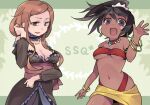  2girls :d bandeau bangle black_hair bracelet breasts brown_hair cleavage cowboy_shot dark-skinned_female dark_skin earrings hoop_earrings jewelry looking_at_viewer medium_breasts mg_kurino multiple_girls navel open_mouth sakuya_(sekaiju) sekaiju_no_meikyuu sekaiju_no_meikyuu_1 shilleka smile underboob 