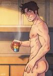  1boy arm_hair artist_name ass ass_hair back black_hair blush chest_hair completely_nude cris_art cup holding holding_cup leg_hair looking_back male_focus marvel nipples nude patreon_username pectorals short_hair sideburns smile solo teeth thick_thighs thighs toned toned_male wiccan 