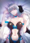  1girl bangs black_bow black_dress blue_choker blue_eyes bow braid breasts center_opening choker cleavage collarbone commentary_request dress fate/grand_order fate_(series) french_braid grey_hair hair_bow highres large_breasts long_hair long_sleeves looking_at_viewer lying morgan_le_fay_(fate) navel off-shoulder_dress off_shoulder on_back pelvic_curtain ponytail revision shiro_font sidelocks two-tone_dress very_long_hair white_dress wide_sleeves 