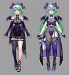  1girl absurdres black_capelet black_gloves blue_hair breasts bsapricot bsapricot_(vtuber) capelet choker cleavage earrings elbow_gloves english_commentary fang full_body gloves green_eyes green_hair highres horns jewelry leotard lich long_hair looking_at_viewer medium_breasts multicolored_hair multiple_horns navel official_art open_mouth purple_leotard sandals single_legging single_thighhigh skin_fang skirt skull thigh_strap thighhighs tongue two-tone_hair variations virtual_youtuber vshojo wings 