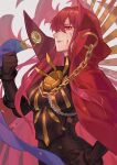  1girl black_bodysuit black_gloves blood blood_on_face bodysuit breasts cape chain clenched_hand collared_cape commentary_request family_crest fate/grand_order fate_(series) gloves glowing glowing_eyes hair_over_one_eye hand_on_hip jolker large_breasts long_hair oda_nobunaga_(fate)_(all) oda_nobunaga_(maou_avenger)_(fate) oda_uri popped_collar red_cape red_eyes red_hair solo very_long_hair 