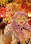  1boy 1girl :d autumn autumn_leaves black_jacket blonde_hair blurry blurry_background blurry_foreground braid breasts cape cleavage closed_mouth collared_shirt cropped_arms dango dress_shirt food gradient_cape gradient_hair green_eyes green_hair highres holding holding_food jacket kanroji_mitsuri kimetsu_no_yaiba large_breasts leaf long_hair long_sleeves maple_leaf mole mole_under_eye multicolored_hair open_clothes open_jacket open_mouth open_shirt orange_cape pink_hair red_hair remsor076 rengoku_kyoujurou shirt smile twin_braids two-tone_hair unbuttoned unbuttoned_shirt very_long_hair wagashi white_cape white_shirt wing_collar yellow_eyes 