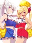  2girls :d ahoge asymmetrical_docking blonde_hair blue_skirt breast_press breasts cheerleader clenched_teeth commentary_request hair_between_eyes hair_ornament hair_ribbon hairclip hand_on_hip highres higuchi_kaede konboi-eg large_breasts long_hair looking_at_viewer midriff multiple_girls navel nijisanji open_mouth pink_eyes pleated_skirt pom_pom_(cheerleading) ponytail purple_eyes red_ribbon red_skirt ribbon simple_background skirt smile takamiya_rion teeth twintails virtual_youtuber white_background white_hair 