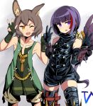  2boys animal_ears bare_shoulders black_legwear black_shorts brown_hair cowboy_shot double_v elbow_gloves gloves grey_background multicolored_hair multiple_boys one_eye_closed otoko_no_ko purple_eyes purple_hair reaper_(sekaiju) reaper_1_(sekaiju) red_hair sekaiju_no_meikyuu sekaiju_no_meikyuu_5 short_shorts shorts streaked_hair therian_(sekaiju) therian_1_(sekaiju) thighhighs v yellow_eyes zibun_owl 