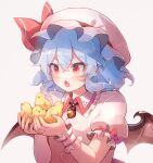  1girl 60mai bangs bat_wings bird bird_on_hand blue_hair buttons chick collared_shirt eyebrows_visible_through_hair fang hat hat_ribbon mob_cap open_mouth pink_headwear purple_hair red_eyes red_ribbon remilia_scarlet ribbon shirt short_hair short_sleeves simple_background touhou upper_body white_background wings 