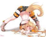  1girl animal_ears arknights arm_strap arm_support ass asymmetrical_clothes back backless_outfit bangs bare_shoulders blonde_hair blush boots breasts ceobe_(arknights) ceobe_(summer_flowers)_(arknights) dog_ears dog_tail full_body highres infection_monitor_(arknights) jack-o&#039;_challenge knee_boots large_breasts lingshalan long_hair long_sleeves looking_at_viewer looking_away motion_lines nose_blush official_alternate_costume purple_eyes sideboob simple_background single_pantsleg solo swept_bangs tail trembling white_background white_footwear 