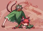  2girls animal animal_ears arm_rest bird black_bow black_footwear bow braid cat_ears cat_tail dress ds_(dnzgslin) extra_ears flexible full_body green_dress guilty_gear guilty_gear_strive hair_bow hands_on_ground highres jack-o&#039;_challenge jack-o&#039;_valentine kaenbyou_rin long_hair long_sleeves looking_down medium_dress meme multiple_girls multiple_tails nekomata o_o orange_eyes pointy_ears pose red_hair reiuji_utsuho reiuji_utsuho_(bird) shoes sidelocks sitting sitting_on_person slit_pupils solo_focus spread_legs stretch tail third_eye top-down_bottom-up touhou twin_braids two_tails wide_spread_legs 