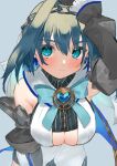  1girl blue_background blue_bow blue_eyes blue_hair blush bow breasts cleavage cleavage_cutout clothing_cutout detached_sleeves hair_intakes head_chain hololive hololive_english large_breasts looking_at_viewer ouro_kronii short_hair simple_background solo takeno_omoti virtual_youtuber 