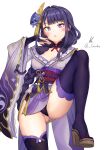  cleavage genshin_impact gouka heels japanese_clothes pantsu raiden_(genshin_impact) skirt_lift thighhighs thong 