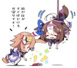  2girls :&lt; ahoge animal_ears bangs black_bow blush bow brown_eyes brown_footwear brown_hair commentary_request eyebrows_visible_through_hair flower hair_between_eyes hair_flower hair_ornament hairband hanging highres horse_ears horse_girl horse_tail loafers matikanefukukitaru_(umamusume) meisho_doto_(umamusume) milkpanda multicolored_hair multiple_girls open_mouth pantyhose parted_lips pink_hairband pleated_skirt profile puffy_short_sleeves puffy_sleeves purple_shirt school_uniform shadow shirt shoes short_sleeves skirt squatting sweat tail thighhighs tracen_school_uniform translation_request triangle_mouth two-tone_hair umamusume wavy_mouth white_background white_hair white_legwear white_skirt yellow_flower 