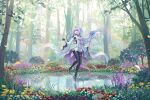  1girl ahoge black_gloves black_legwear breasts commentary_request dress elsa_(g557744) fate/grand_order fate_(series) fingerless_gloves flower forest gloves high_heels holding holding_staff long_hair medium_breasts merlin_(fate/prototype) nature open_mouth outdoors pantyhose petals pointy_ears pond purple_eyes short_dress solo staff standing standing_on_liquid tree very_long_hair white_dress white_footwear white_hair 