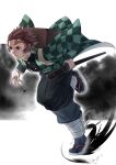  1boy black_jacket black_legwear black_pants box brown_hair burn_mark checkered closed_mouth haori highres holding holding_sheath jacket japanese_clothes kamado_tanjirou kimetsu_no_yaiba long_sleeves male_focus pants red_eyes remsor076 running sheath sheathed short_hair solo sword tabi twitter_username uniform v-shaped_eyebrows weapon 