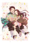  1boy 1girl :d ^_^ black_legwear black_pants border brother_and_sister brown_hair checkered closed_eyes earrings floating_hair flower gradient_hair grin hair_ribbon hanafuda haori highres holding holding_flower japanese_clothes jewelry kamado_nezuko kamado_tanjirou kimetsu_no_yaiba kimono long_hair multicolored_hair open_mouth outside_border pants pink_kimono pink_ribbon print_kimono red_hair remsor076 ribbon short_hair short_kimono siblings smile tabi very_long_hair white_border white_legwear 