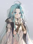  1girl blue_eyes blue_hair blush bridal_gauntlets choker cunonn dress granblue_fantasy jacket jacket_on_shoulders long_hair looking_at_viewer lyria_(granblue_fantasy) short_dress simple_background solo upper_body very_long_hair white_choker white_dress 