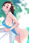  1girl blue_swimsuit blurry blurry_background breasts brown_eyes brown_hair commentary_request day dytm from_side highleg highleg_swimsuit large_breasts leaning_forward long_hair looking_at_viewer one-piece_swimsuit open_mouth original outdoors parted_lips ponytail pool_monitor_part-timer_(dytm) smile solo swimsuit thighs 