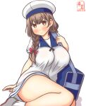  1girl artist_logo bag blue_sailor_collar braid breasts brown_eyes brown_hair commentary_request cosplay dated dress hat hiburi_(kancolle) hiburi_(kancolle)_(cosplay) kanon_(kurogane_knights) kantai_collection large_breasts long_hair one-hour_drawing_challenge sailor_collar sailor_dress sailor_hat school_bag shinshuu_maru_(kancolle) shoes short_sleeves simple_background sitting socks solo twin_braids uwabaki white_background white_dress white_headwear white_legwear yokozuwari 