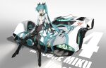  1girl aqua_eyes aqua_hair black_gloves bodysuit breasts car covered_navel gloves ground_vehicle hatsune_miku headwear_removed helmet helmet_removed highres long_hair motor_vehicle nine_(liuyuhao1992) race_vehicle solo twintails very_long_hair vocaloid 