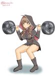  1girl barbell belt black_capelet black_dress black_footwear boots braid breasts brown_belt brown_eyes brown_hair capelet commentary_request dated dress full_body geru hood hood_up hooded_capelet kantai_collection large_breasts lifting long_hair one-hour_drawing_challenge pleated_dress red_ribbon ribbon shinshuu_maru_(kancolle) simple_background solo squatting twin_braids twitter_username weightlifting white_background 