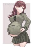  1girl absurdres angry border breasts brown_eyes brown_hair commentary_request frown garylin green_serafuku hand_on_hip highres kantai_collection large_breasts long_hair looking_at_viewer neckerchief ooi_(kancolle) pregnant purple_background school_uniform serafuku solo white_border 