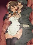  1boy 1girl 2equal8 ahoge apron bare_shoulders breasts brown_hair bulge detached_sleeves dream_c_club dream_c_club_(series) erection erection_under_clothes highres licking nao_(dream_c_club) open_mouth saliva short_hair sleeping thighhighs 