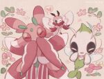  blush_stickers celebi closed_eyes commentary_request flower gen_2_pokemon gen_7_pokemon hands_up heart leels looking_at_viewer lurantis mythical_pokemon no_humans one_eye_closed pink_flower pokemon pokemon_(creature) ribombee spoken_heart 