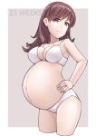  1girl absurdres angry border bra breasts brown_eyes brown_hair commentary_request frown garylin hand_on_hip highres kantai_collection large_breasts long_hair looking_at_viewer ooi_(kancolle) panties pregnant purple_background solo underwear white_border white_bra white_panties 