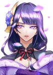  1girl absurdres bangs blurry blurry_foreground breasts commentary english_commentary falling_petals flower genshin_impact hair_ornament highres japanese_clothes kimono kyonamu long_hair looking_to_the_side obiage open_mouth parted_lips petals purple_eyes purple_flower purple_hair raiden_shogun ribbon simple_background solo tassel tomoe_(symbol) white_background 
