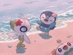  blue_eyes blush celebi closed_eyes commentary_request flower gen_2_pokemon gen_4_pokemon gen_7_pokemon highres leels mythical_pokemon no_humans open_mouth pink_flower piplup pokemon pokemon_(creature) rowlet sand shore tongue water 