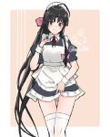  1girl ahoge alternate_costume apron artist_logo black_dress black_hair border bow brown_eyes commentary_request dress enmaided frilled_apron frills hair_bow hand_on_own_chest highres kantai_collection long_hair looking_at_viewer maid maid_headdress mochizou one-hour_drawing_challenge pink_bow short_sleeves shouhou_(kancolle) solo thighhighs twitter_username two-tone_background white_apron white_border white_legwear wrist_cuffs 